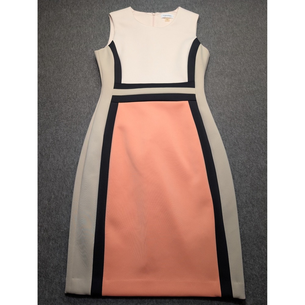 Calvin Klein Womens Colorblock Sleeveless Sheath Dress Peach Cream Black Size 6